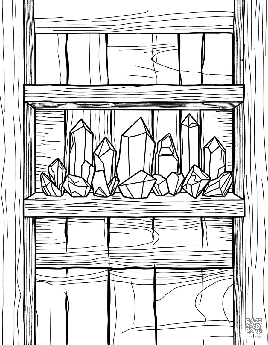 crystal collection on a wooden shelf coloring page Crosshatch style - free printable