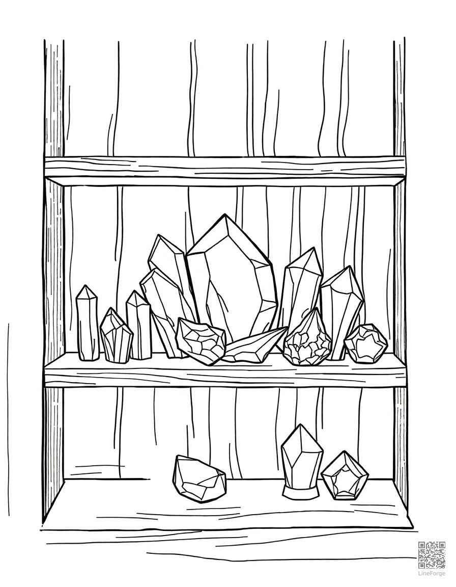 crystal collection on a wooden shelf coloring page Manga style - free printable