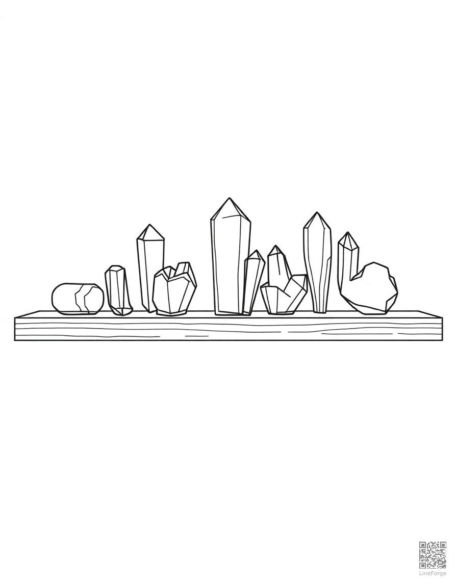 crystal collection on a wooden shelf coloring page Minimal style - free printable