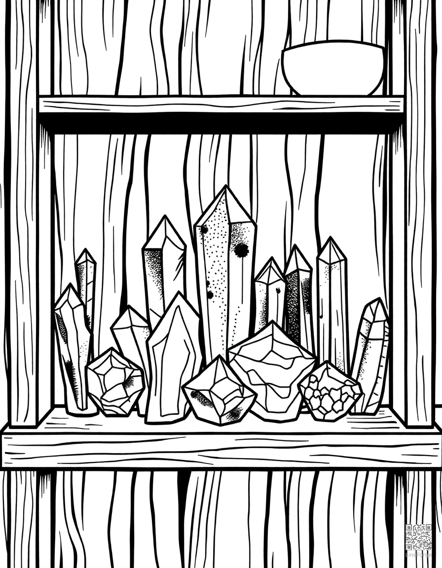 crystal collection on a wooden shelf coloring page Stipple style - free printable