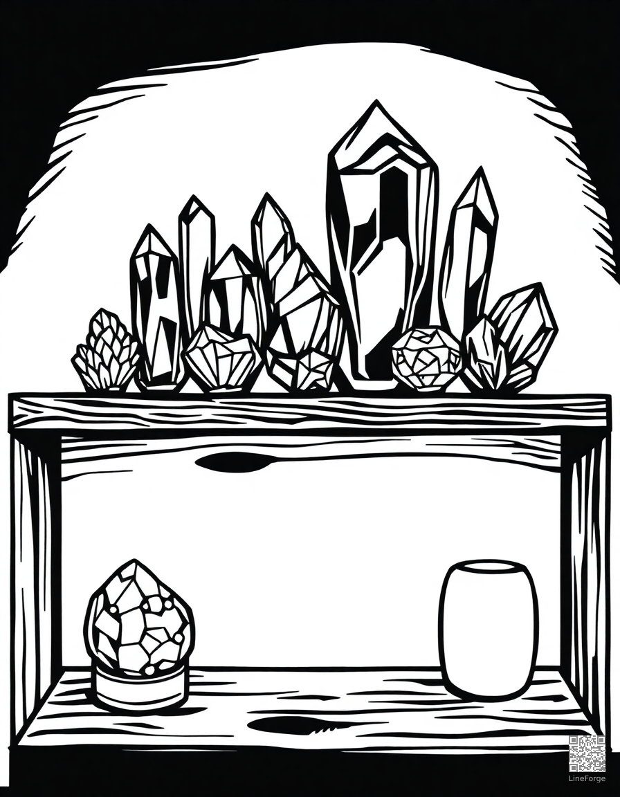 crystal collection on a wooden shelf coloring page Woodcut style - free printable