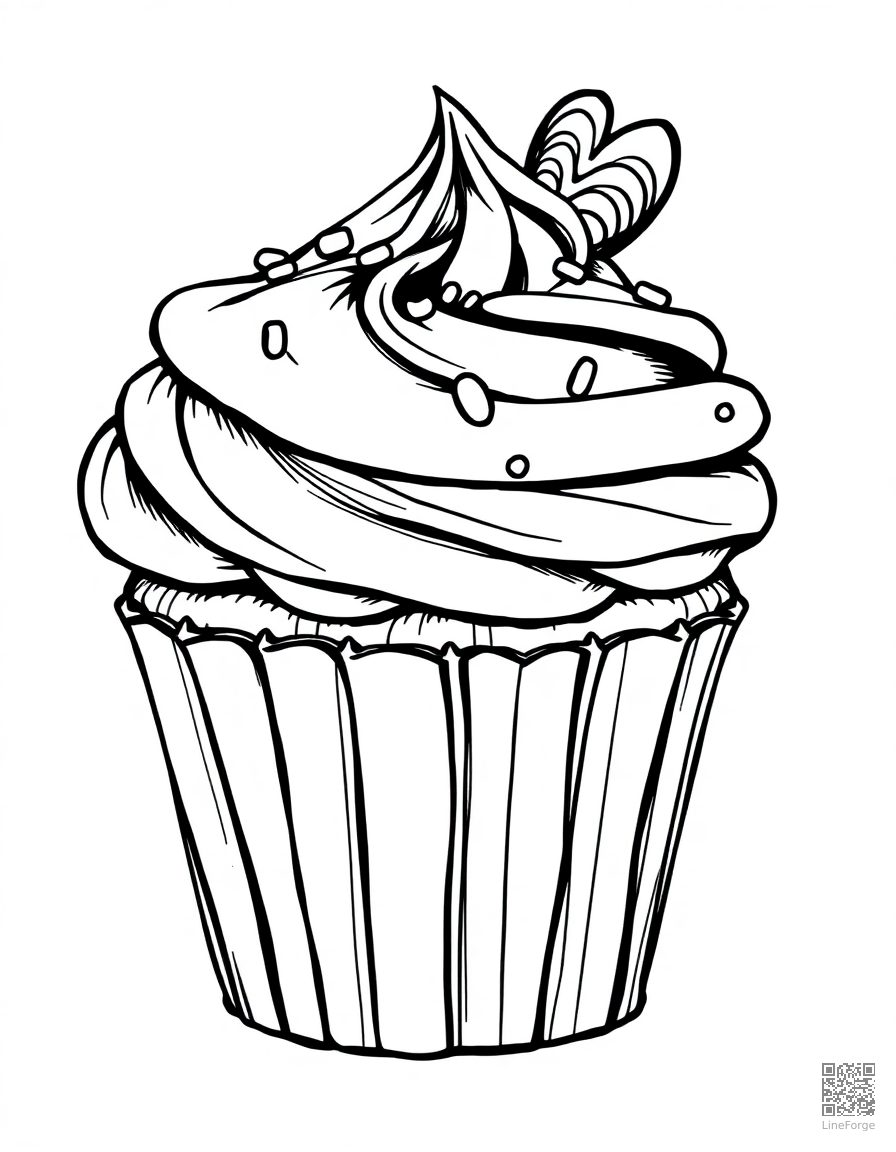 Cupcake with swirled frosting and sprinkles coloring page Crosshatch style - free printable