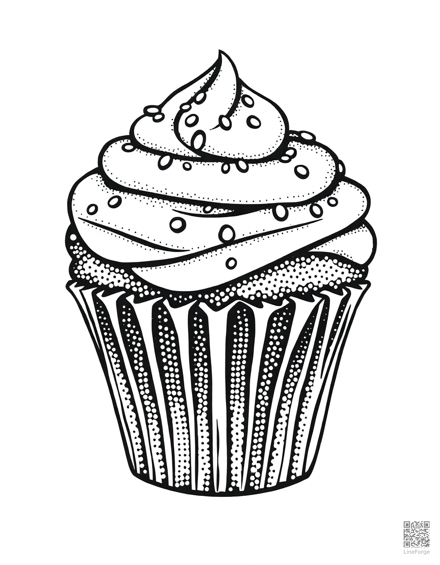 Cupcake with swirled frosting and sprinkles coloring page Stipple style - free printable