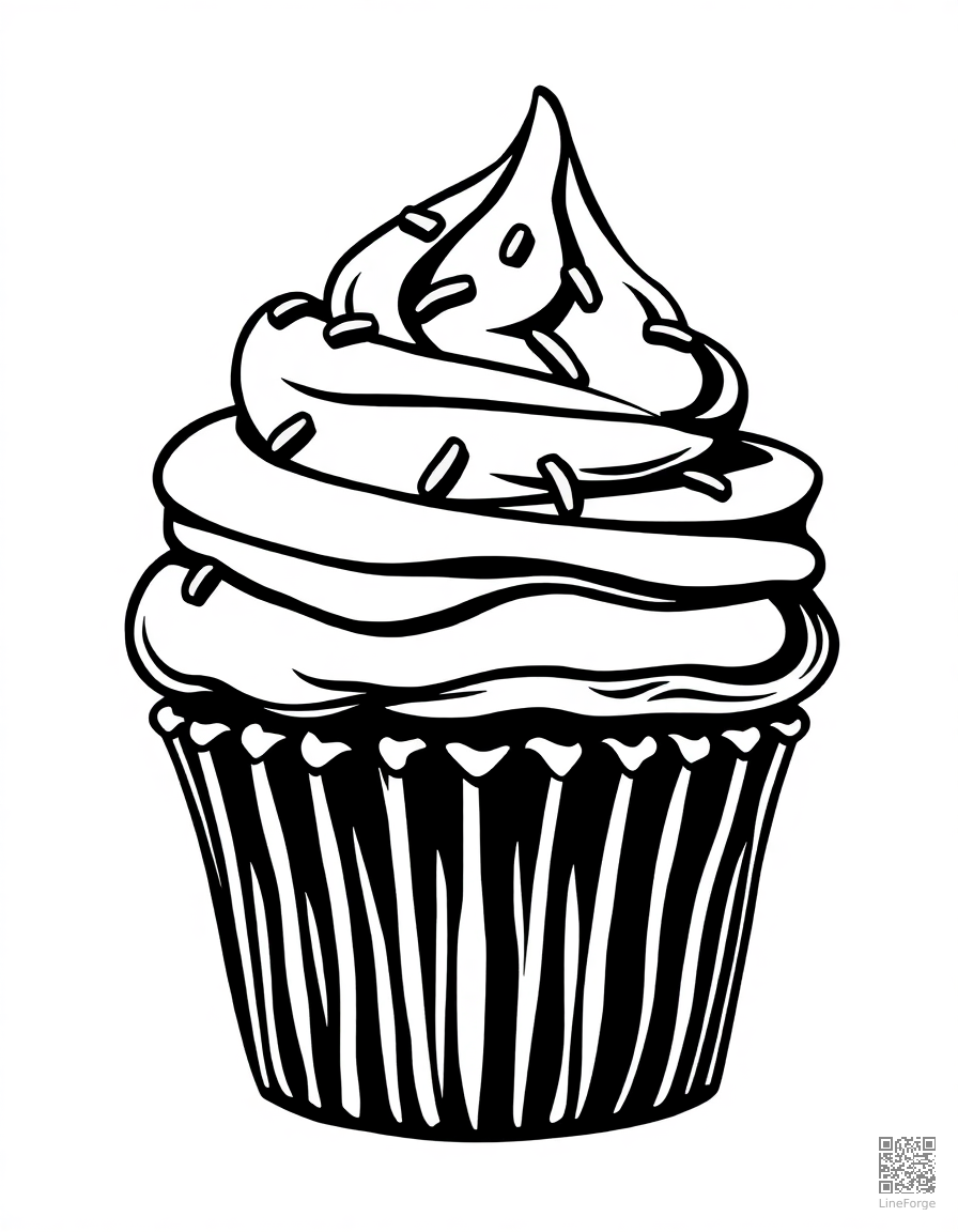 Cupcake with swirled frosting and sprinkles coloring page Woodcut style - free printable