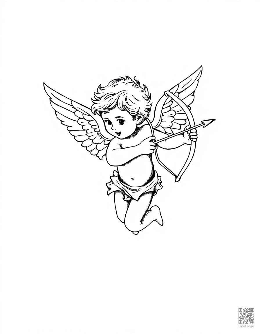 cupid with bow and arrow coloring page Crosshatch style - free printable