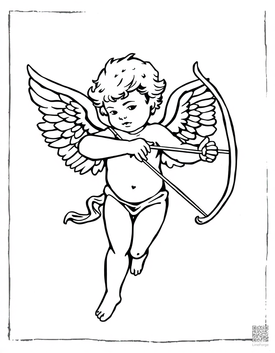 cupid with bow and arrow coloring page Woodcut style - free printable