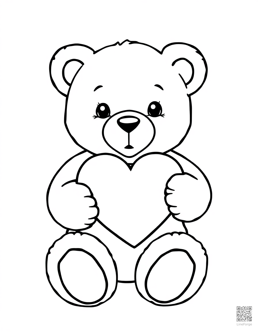 Free cute teddy bear holding a heart coloring page in contour style — printable line art