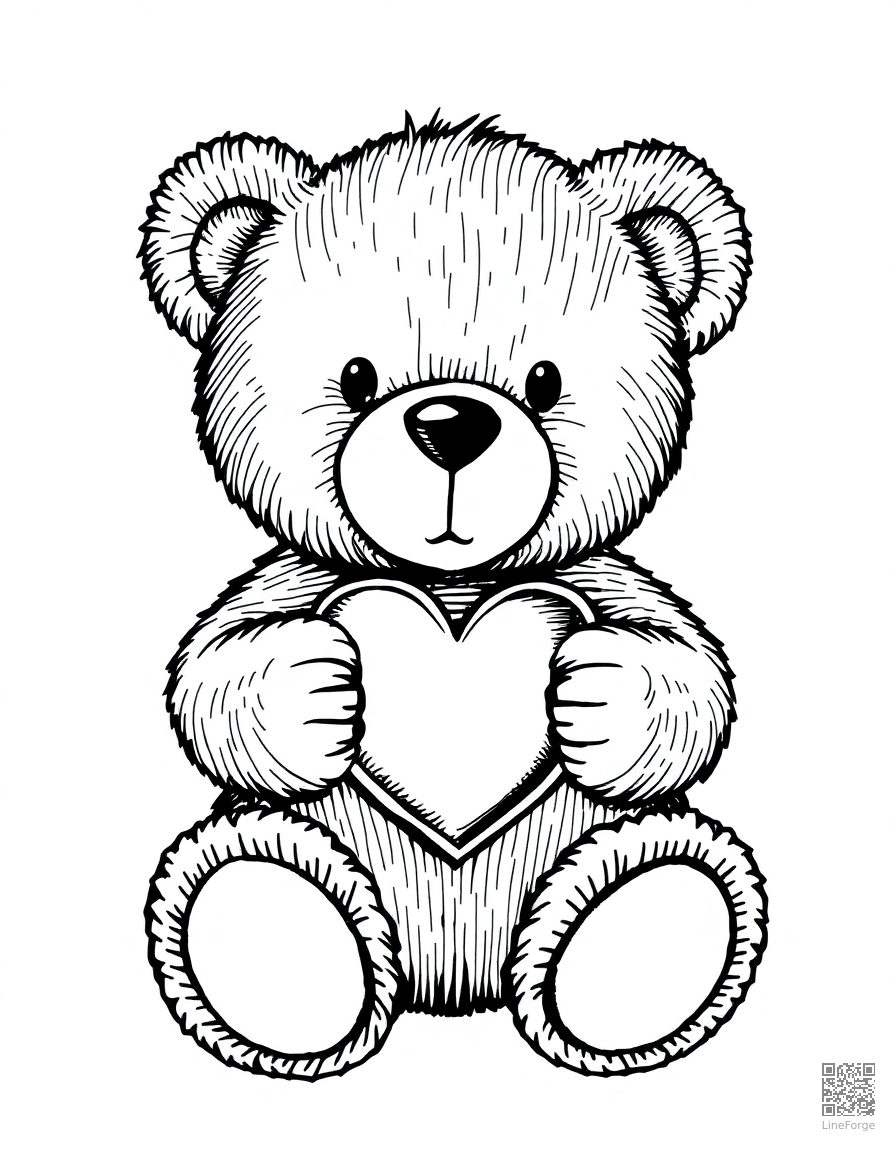 Free cute teddy bear holding a heart coloring page in crosshatch style — printable line art