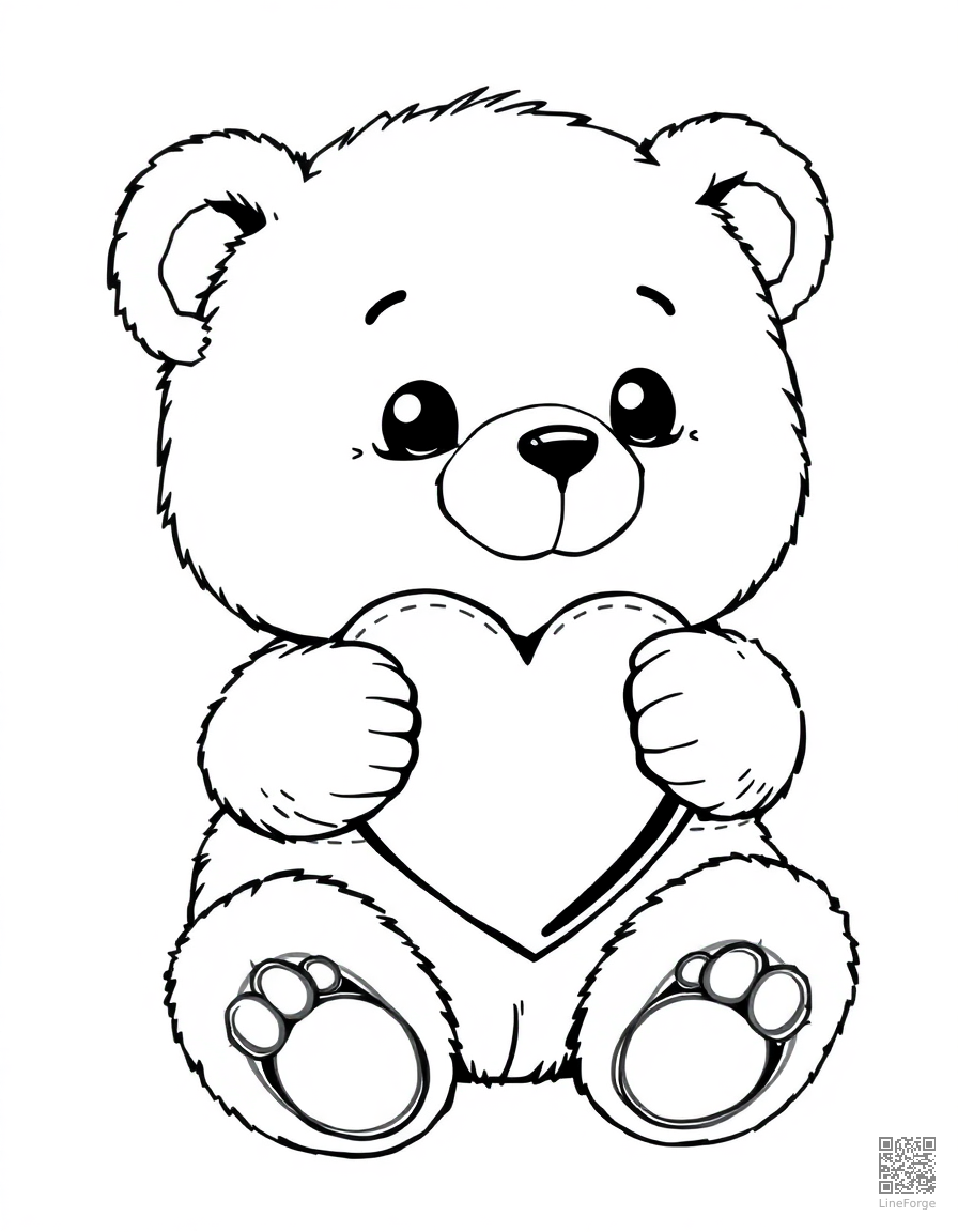 Free cute teddy bear holding a heart coloring page in manga style — printable line art