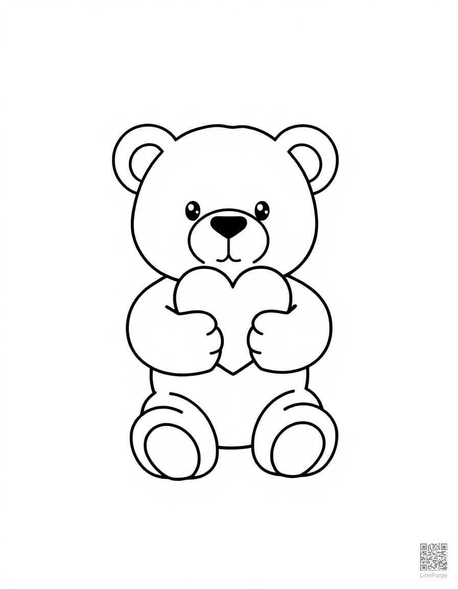 Free cute teddy bear holding a heart coloring page in minimal style — printable line art