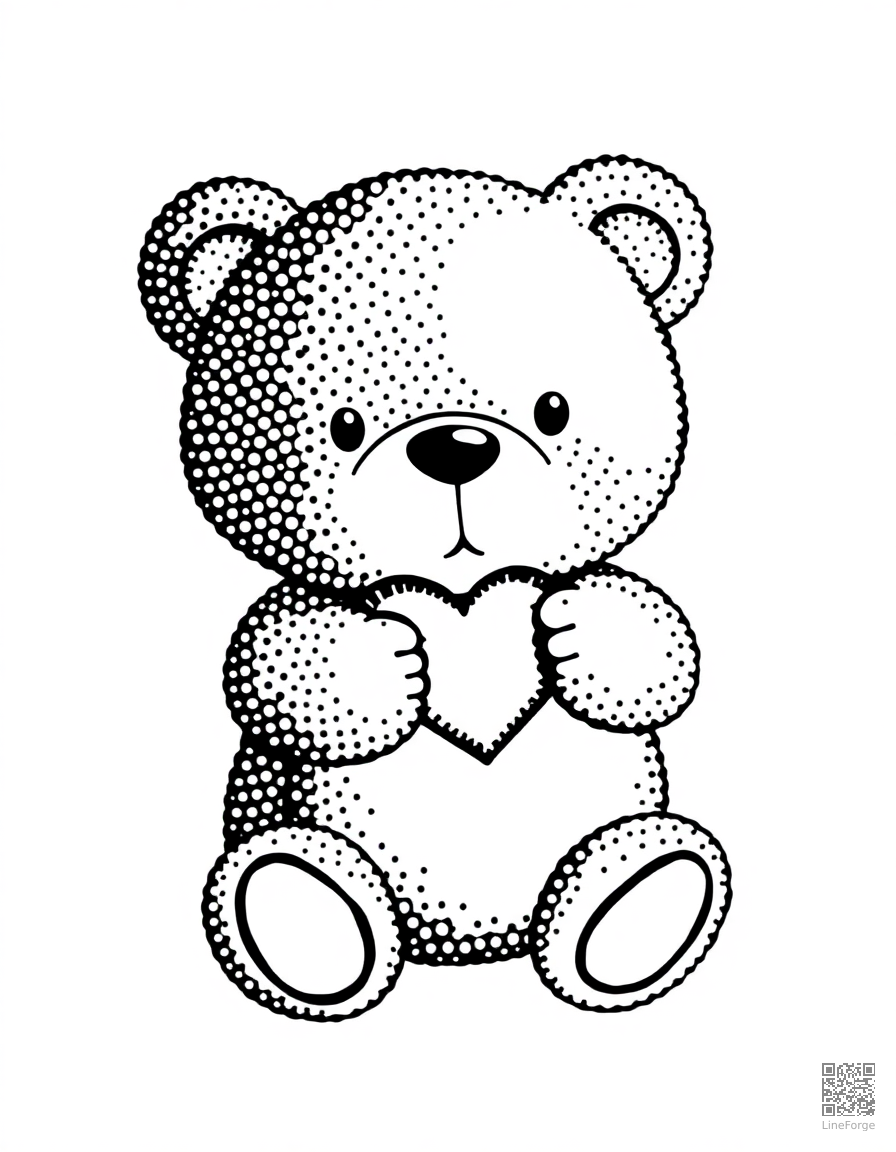 Free cute teddy bear holding a heart coloring page in stipple style — printable line art