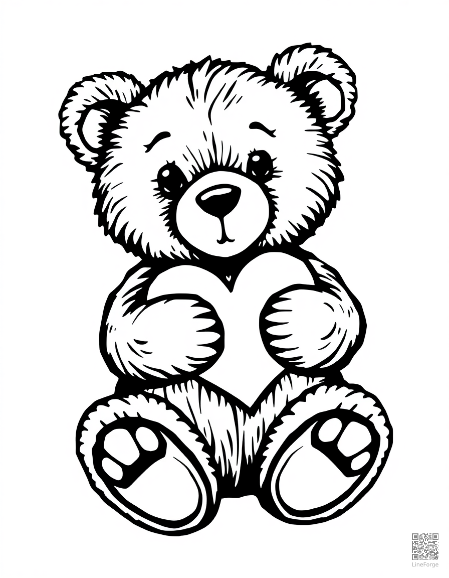 Free cute teddy bear holding a heart coloring page in woodcut style — printable line art