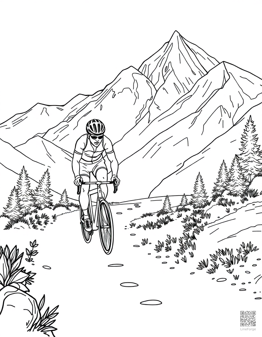 cyclist racing on a mountain trail coloring page Contour style - free printable