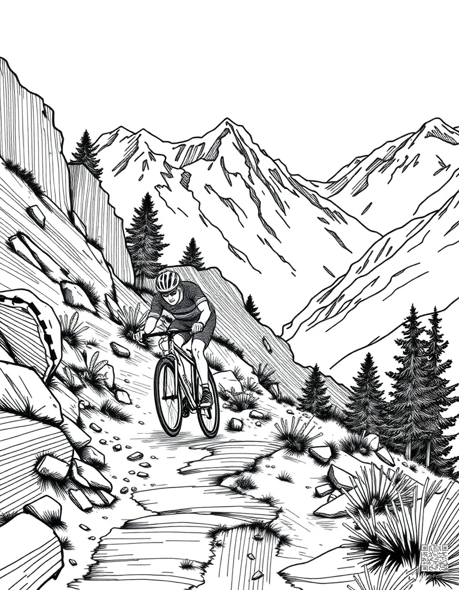 cyclist racing on a mountain trail coloring page Crosshatch style - free printable