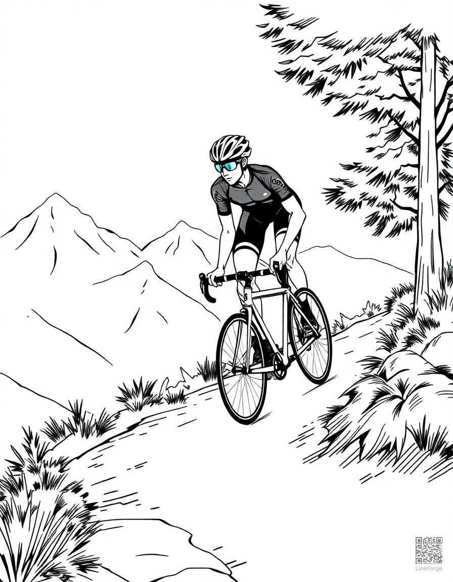 cyclist racing on a mountain trail coloring page Manga style - free printable
