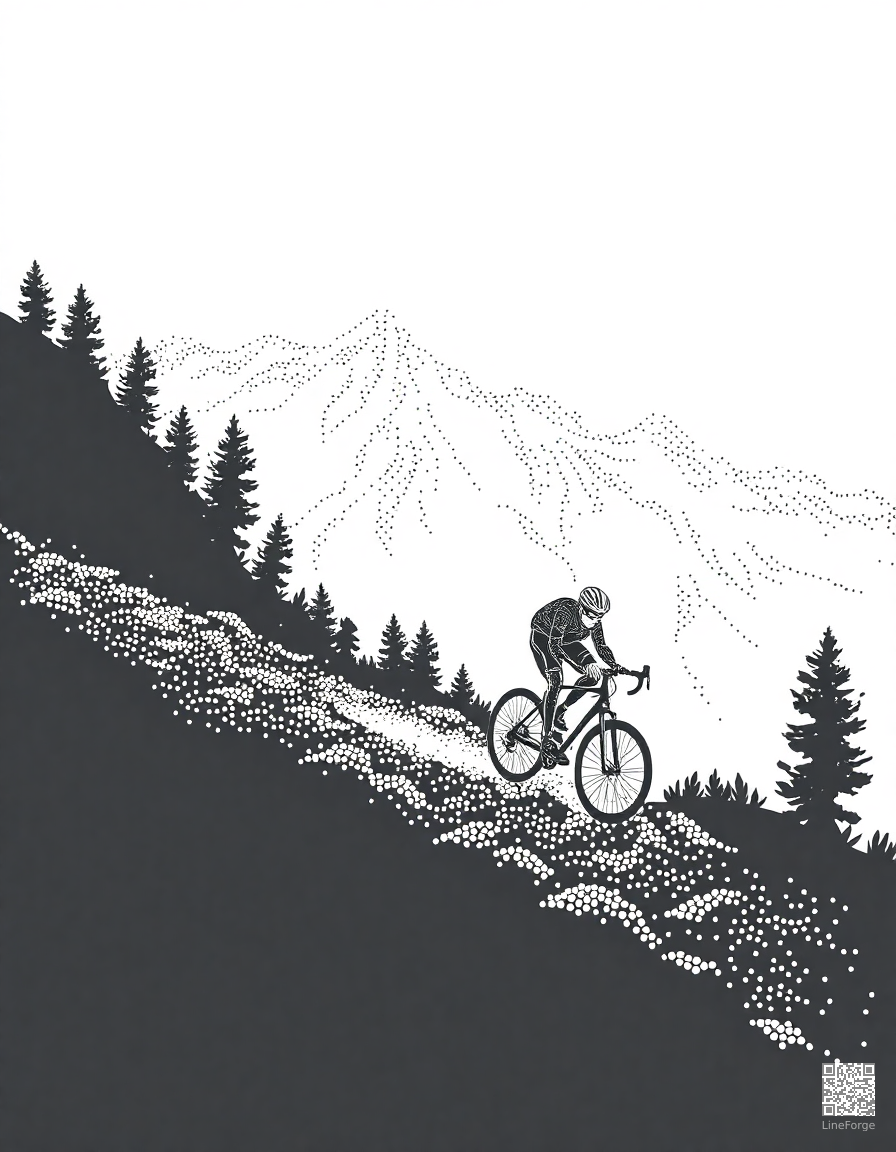 cyclist racing on a mountain trail coloring page Stipple style - free printable
