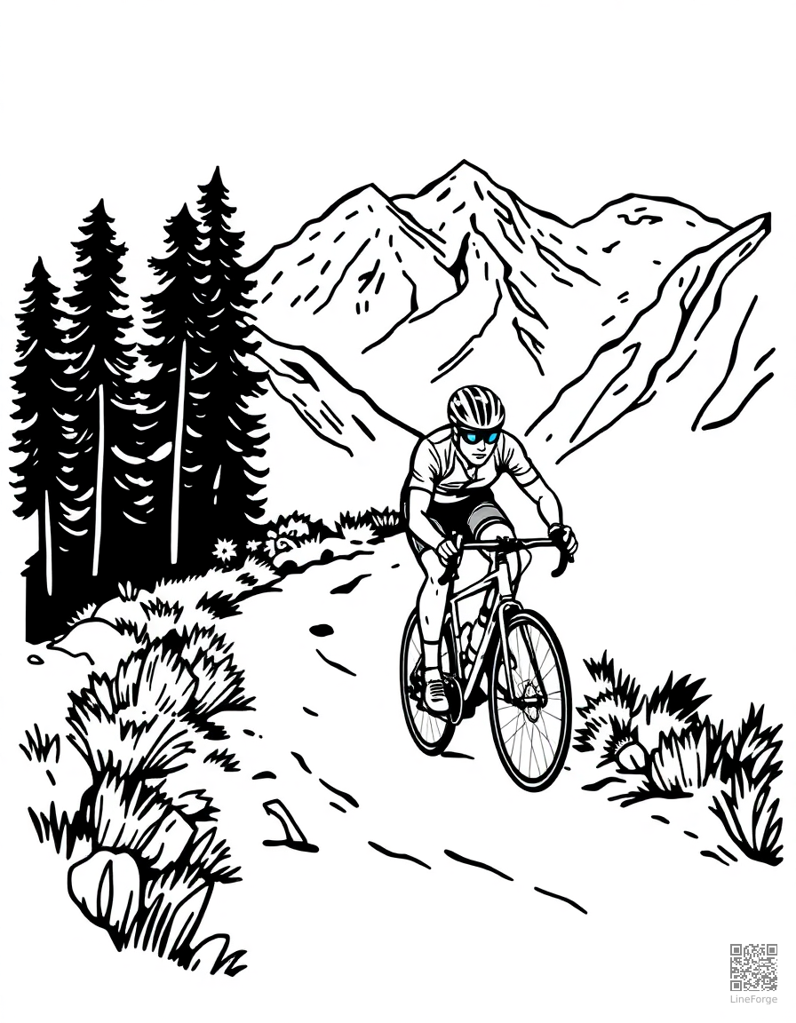 cyclist racing on a mountain trail coloring page Woodcut style - free printable