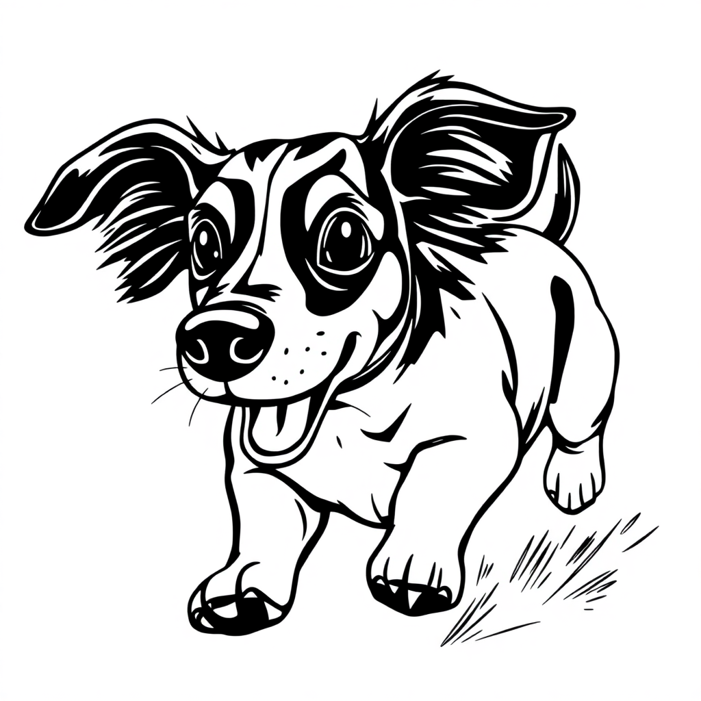 Dachshund dog — playing and running, energetic and joyful coloring page Manga style - free printable