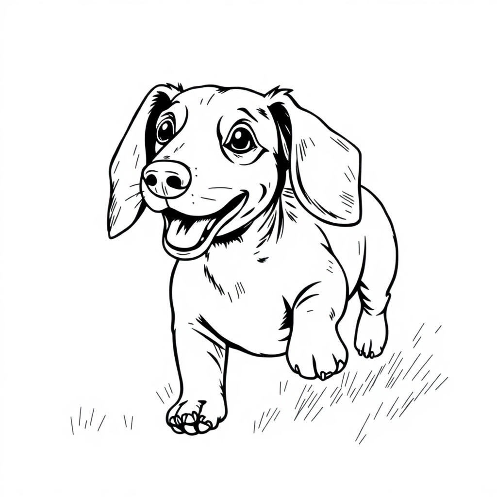 Dachshund dog — playing and running, energetic and joyful coloring page Rockwell style - free printable