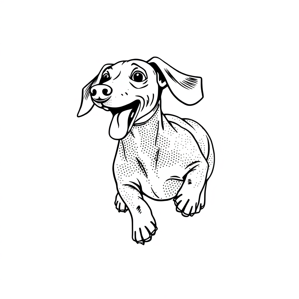 Dachshund dog — playing and running, energetic and joyful coloring page Stipple style - free printable