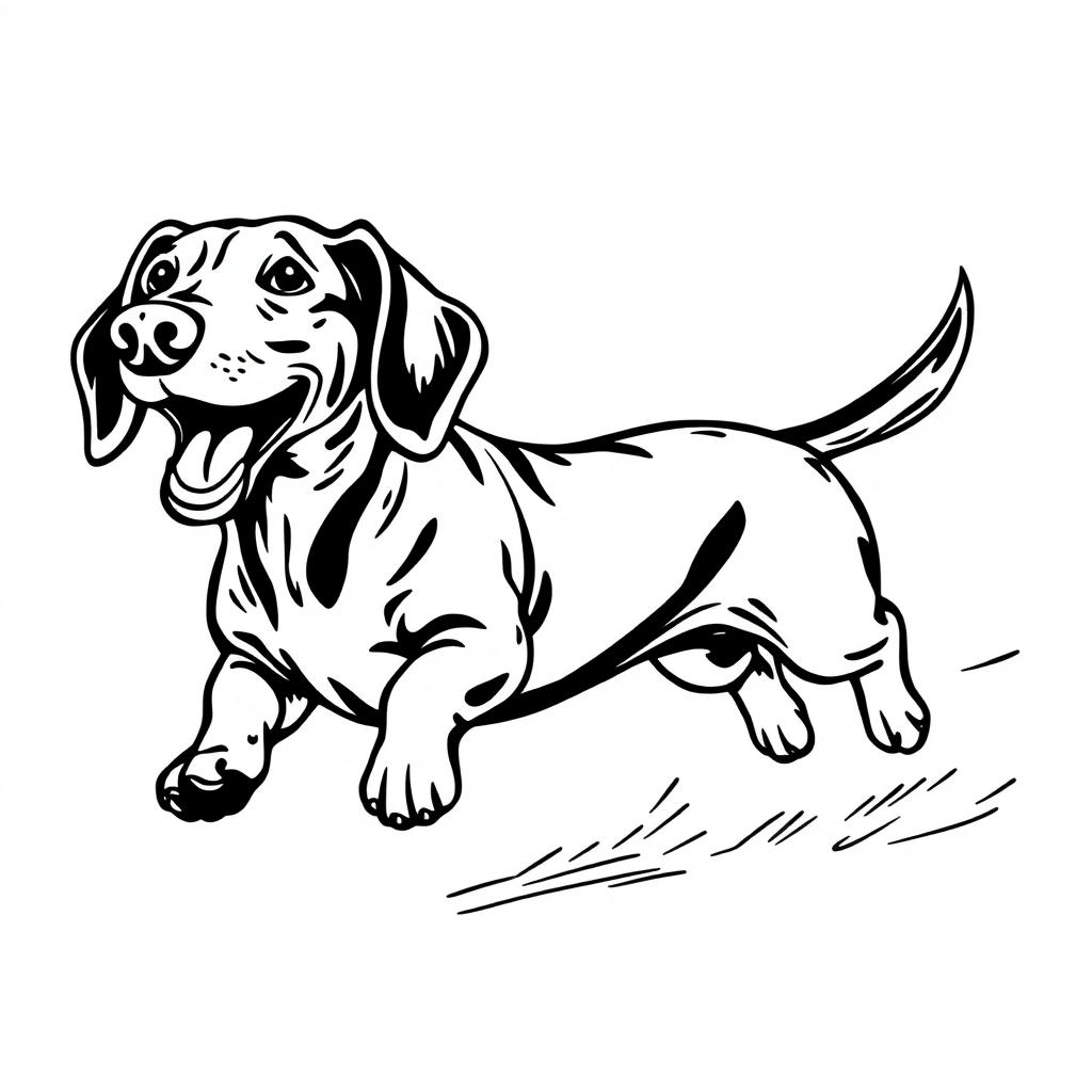 Dachshund dog — playing and running, energetic and joyful coloring page Woodcut style - free printable