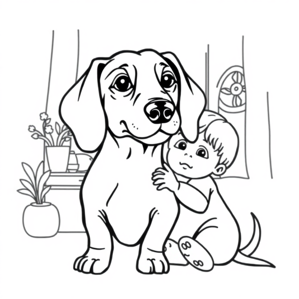 Dachshund dog — with a young child in a cozy home setting coloring page Contour style - free printable
