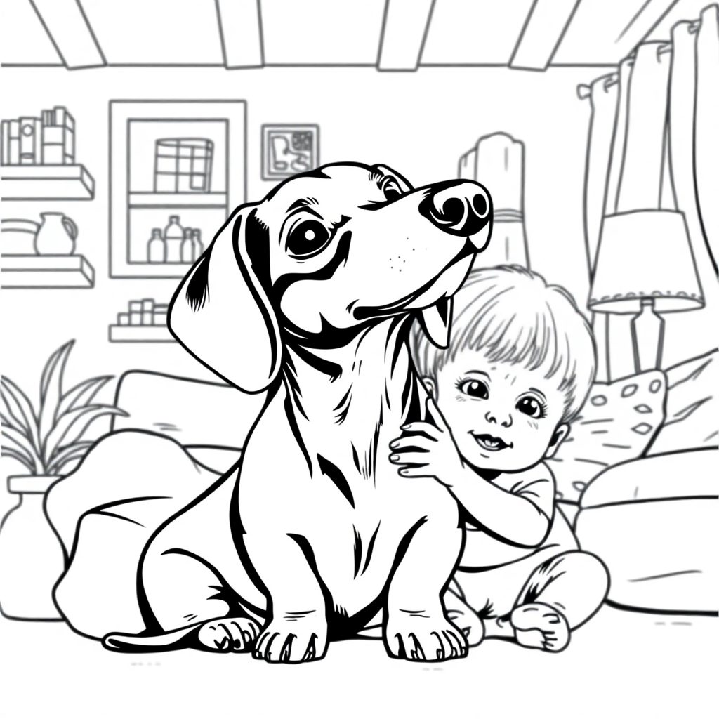 Dachshund dog — with a young child in a cozy home setting coloring page Manga style - free printable