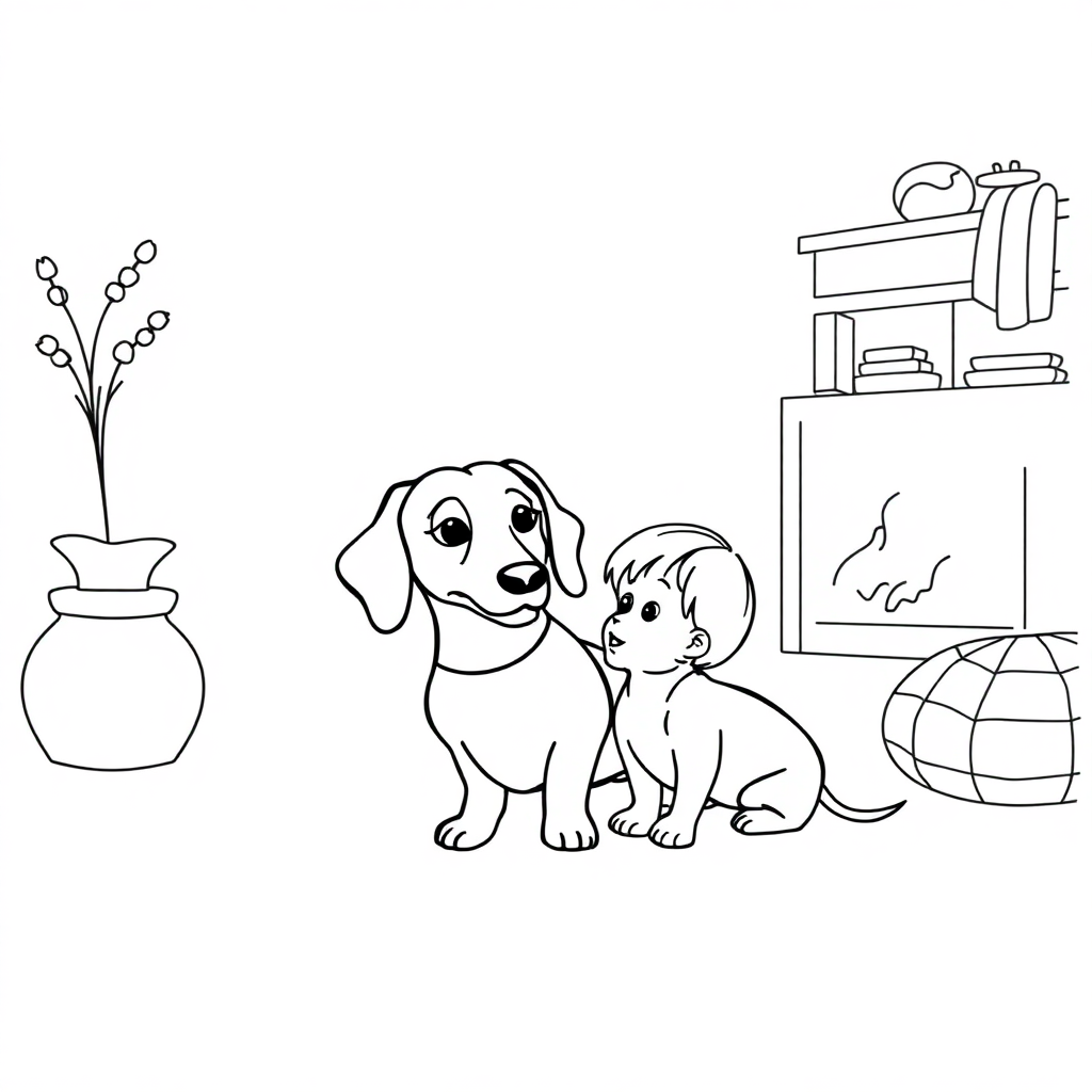 Dachshund dog — with a young child in a cozy home setting coloring page Minimal style - free printable