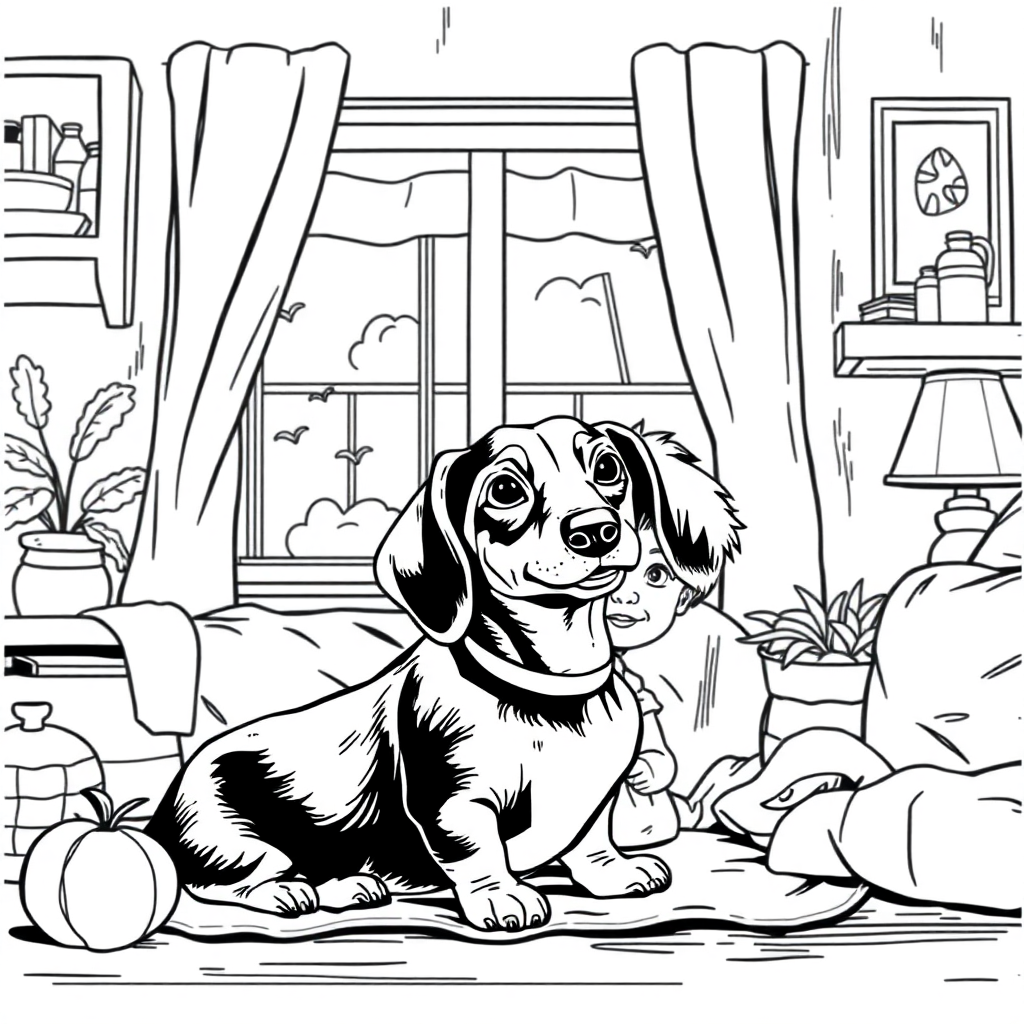 Free dachshund dog — with a young child in a cozy home setting coloring page in rockwell style — printable line art
