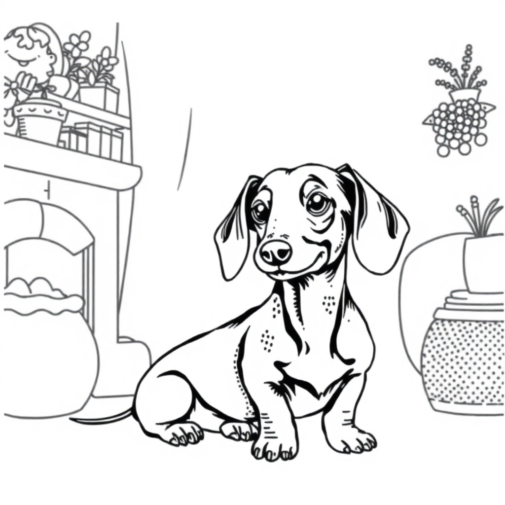 Dachshund dog — with a young child in a cozy home setting coloring page Stipple style - free printable