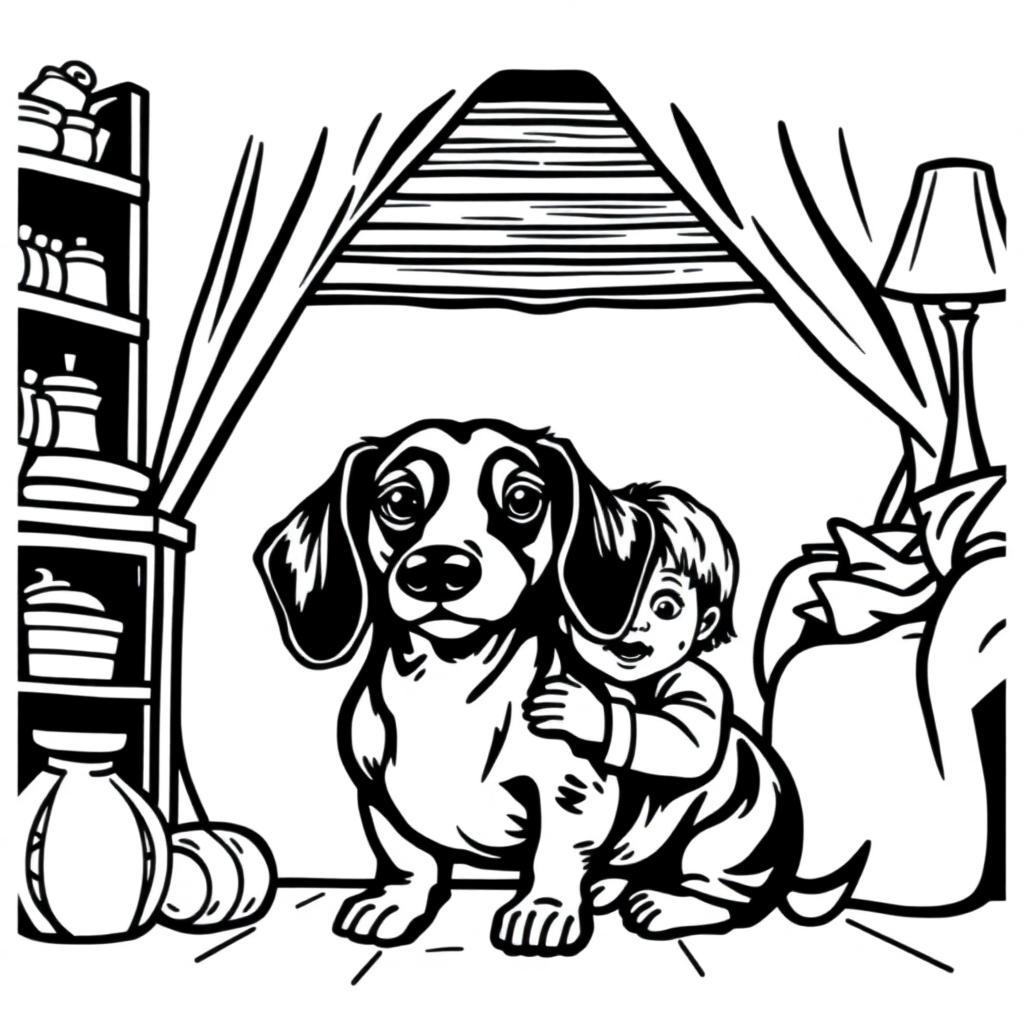 Dachshund dog — with a young child in a cozy home setting coloring page Woodcut style - free printable