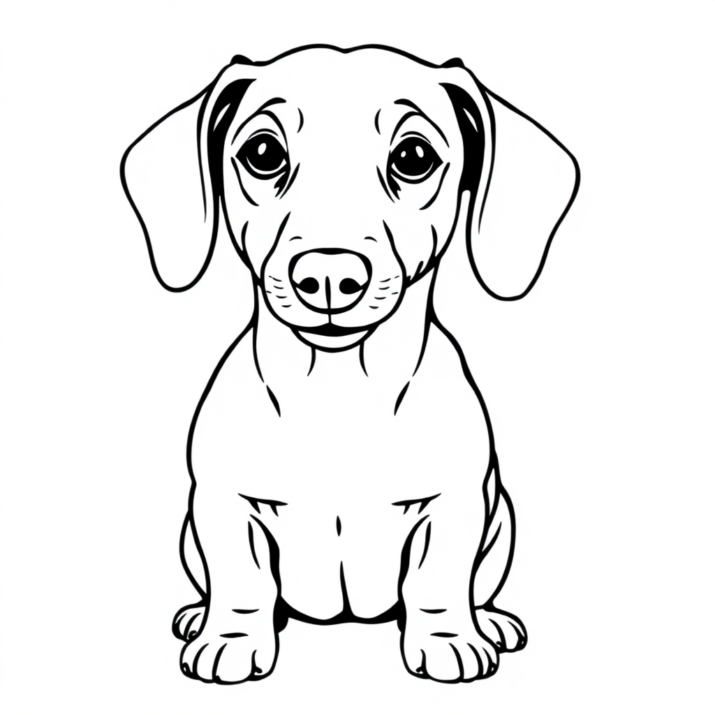 Dachshund dog — sitting portrait, looking at viewer, friendly expression coloring page Contour style - free printable
