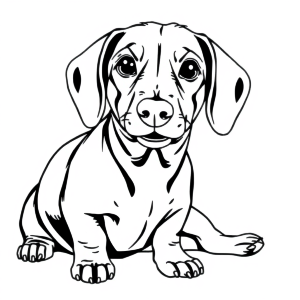 Dachshund dog — sitting portrait, looking at viewer, friendly expression coloring page Manga style - free printable
