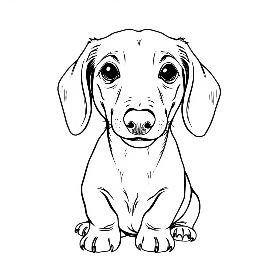 Dachshund dog — sitting portrait, looking at viewer, friendly expression coloring page Rockwell style - free printable