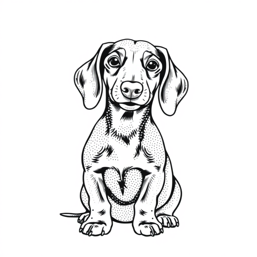 Dachshund dog — sitting portrait, looking at viewer, friendly expression coloring page Stipple style - free printable