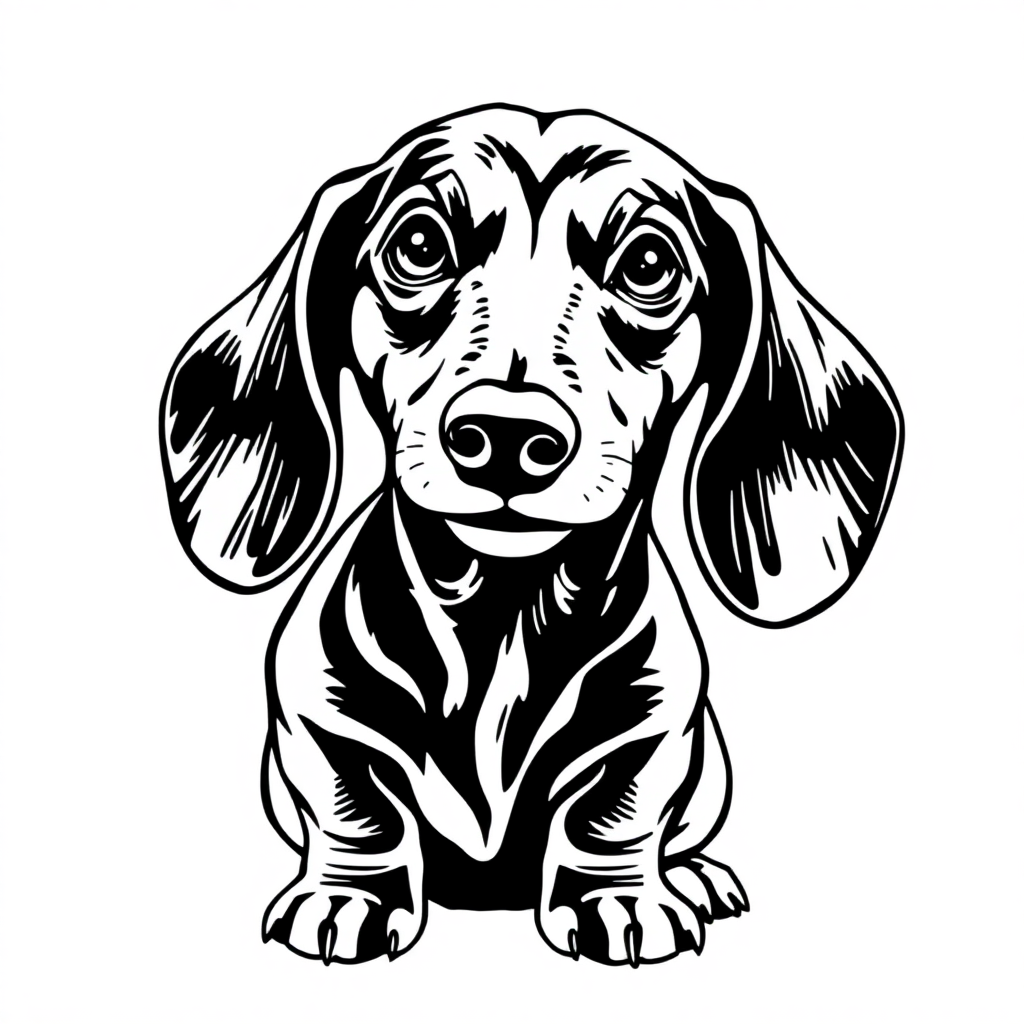 Dachshund dog — sitting portrait, looking at viewer, friendly expression coloring page Woodcut style - free printable