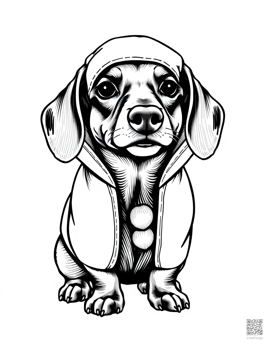 dachshund wearing a hot dog costume coloring page Crosshatch style - free printable