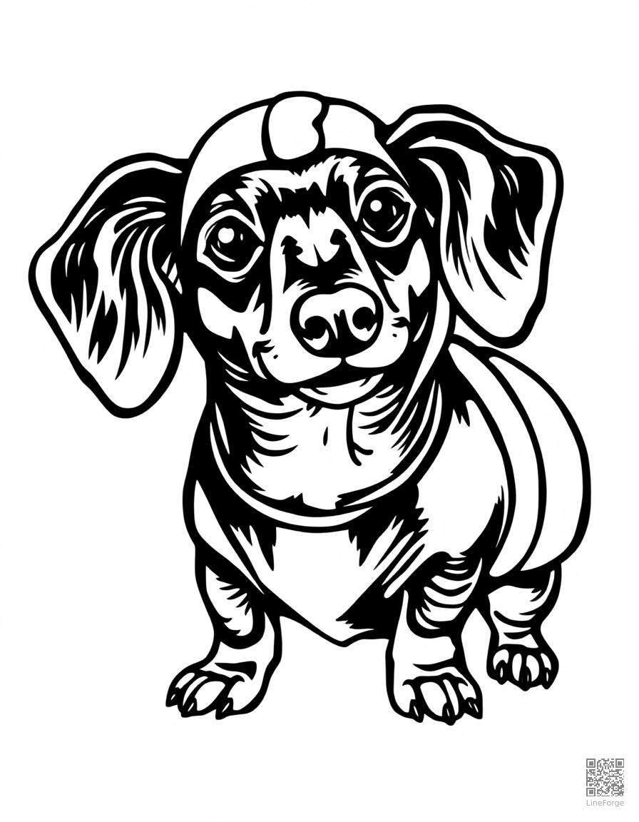 dachshund wearing a hot dog costume coloring page Woodcut style - free printable
