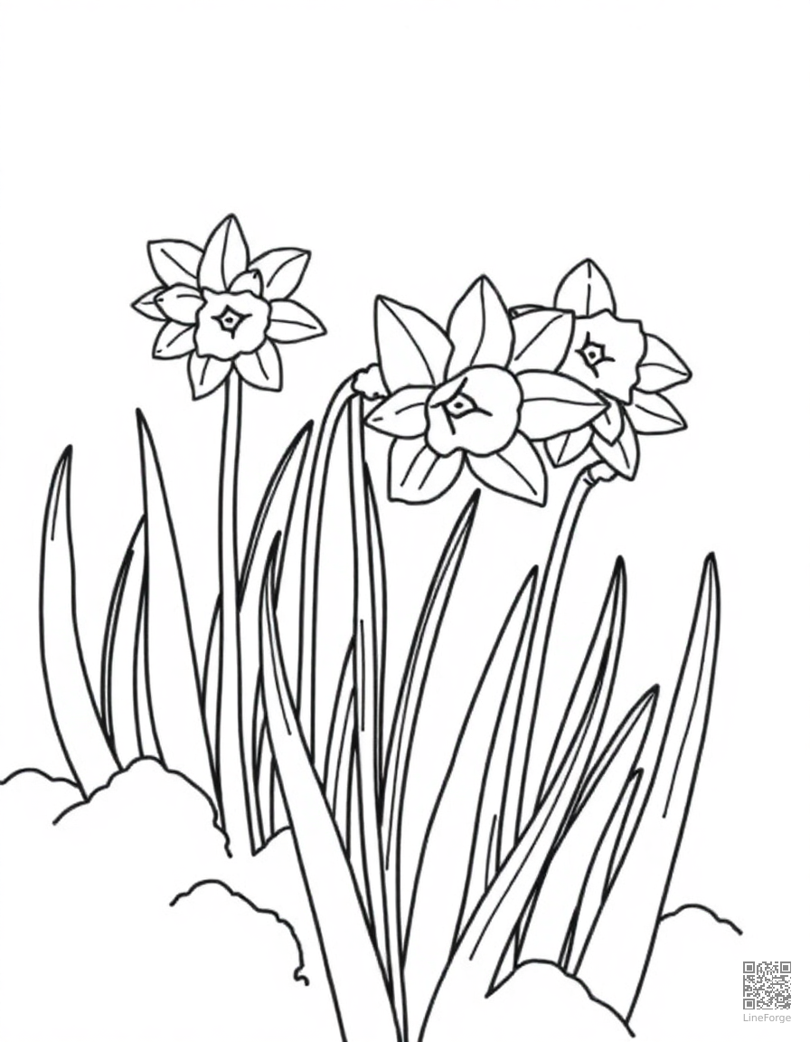 daffodils pushing through spring snow coloring page Contour style - free printable