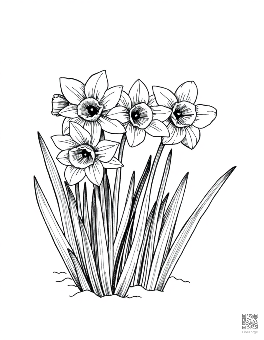 daffodils pushing through spring snow coloring page Crosshatch style - free printable