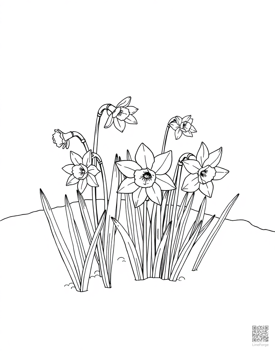 daffodils pushing through spring snow coloring page Manga style - free printable