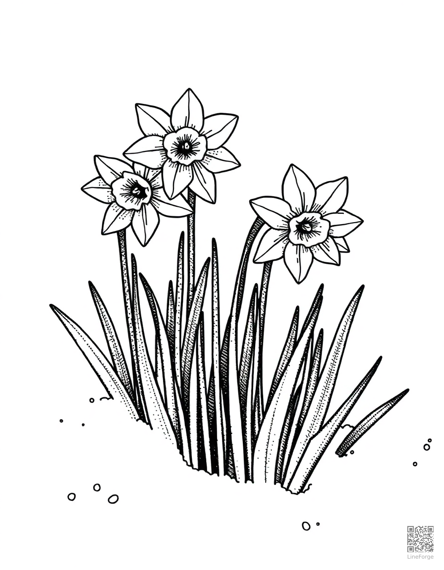 daffodils pushing through spring snow coloring page Stipple style - free printable