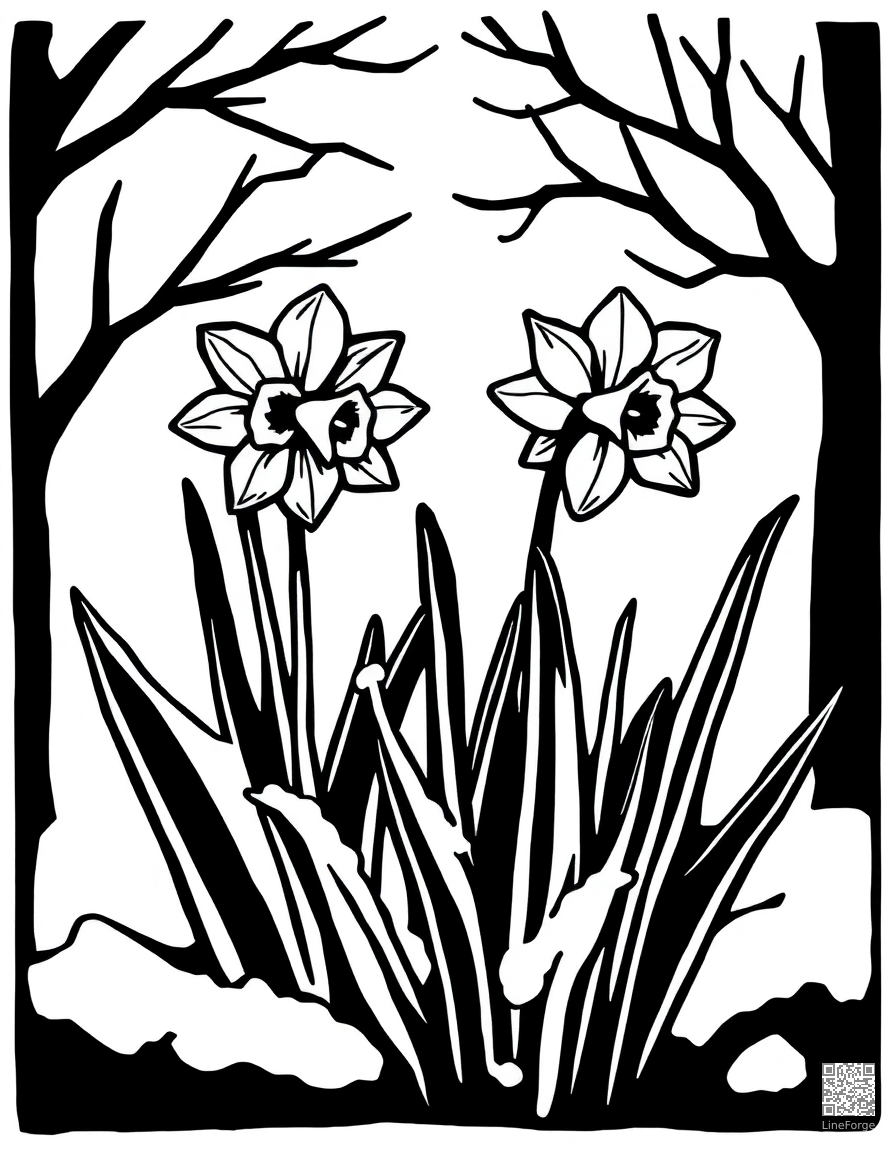 daffodils pushing through spring snow coloring page Woodcut style - free printable