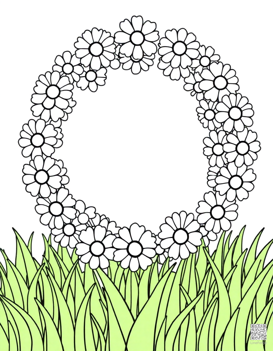 daisy chain wreath on green grass coloring page Contour style - free printable