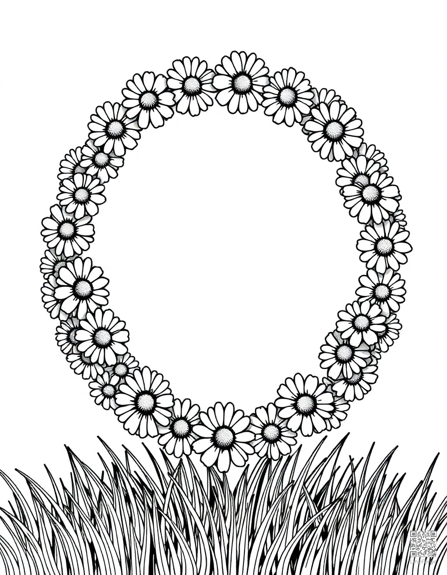 daisy chain wreath on green grass coloring page Crosshatch style - free printable