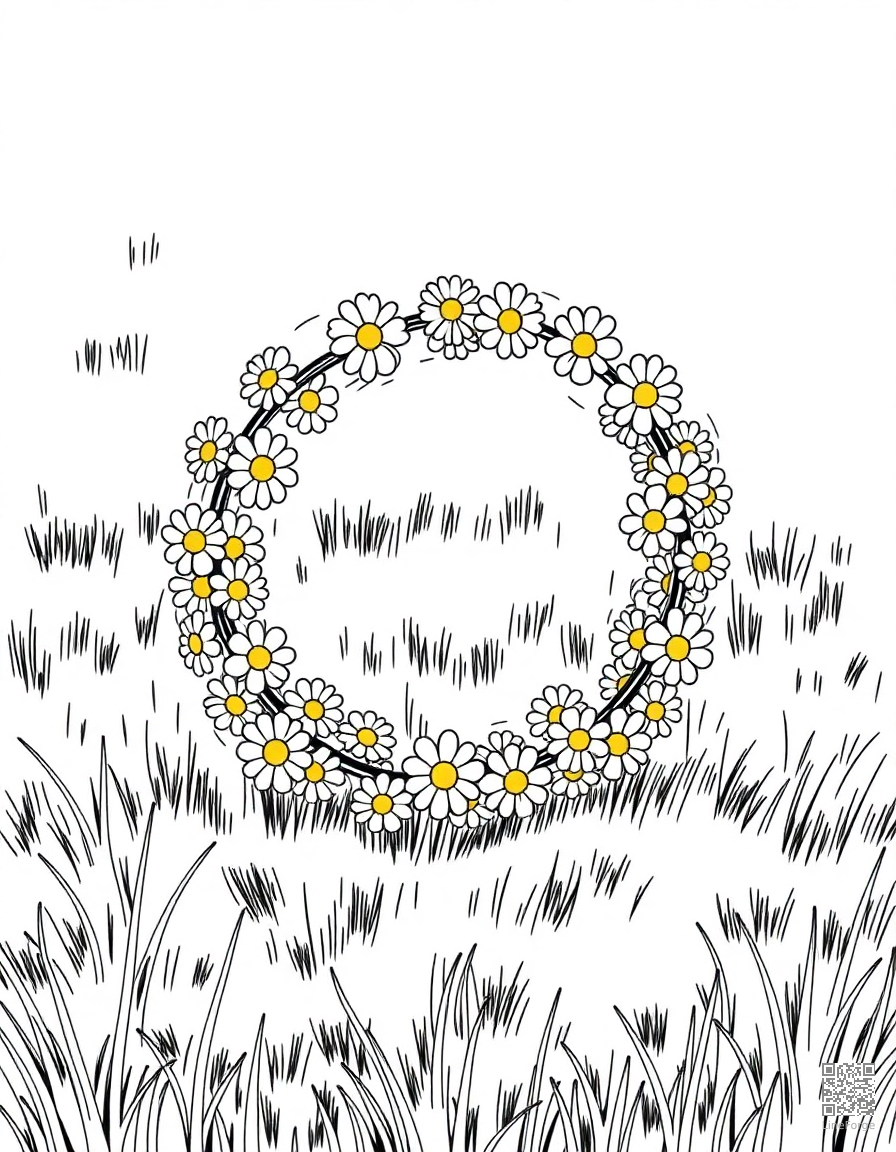 daisy chain wreath on green grass coloring page Manga style - free printable