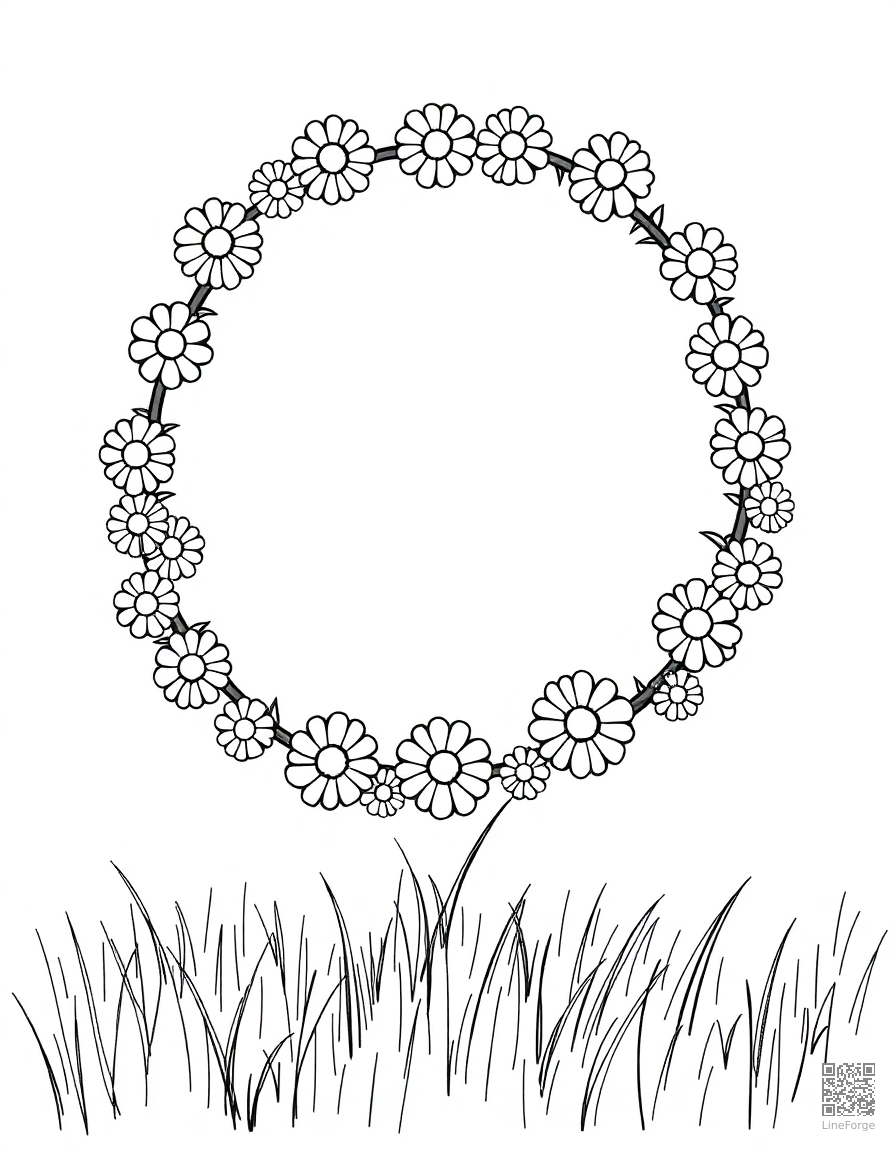 daisy chain wreath on green grass coloring page Stipple style - free printable
