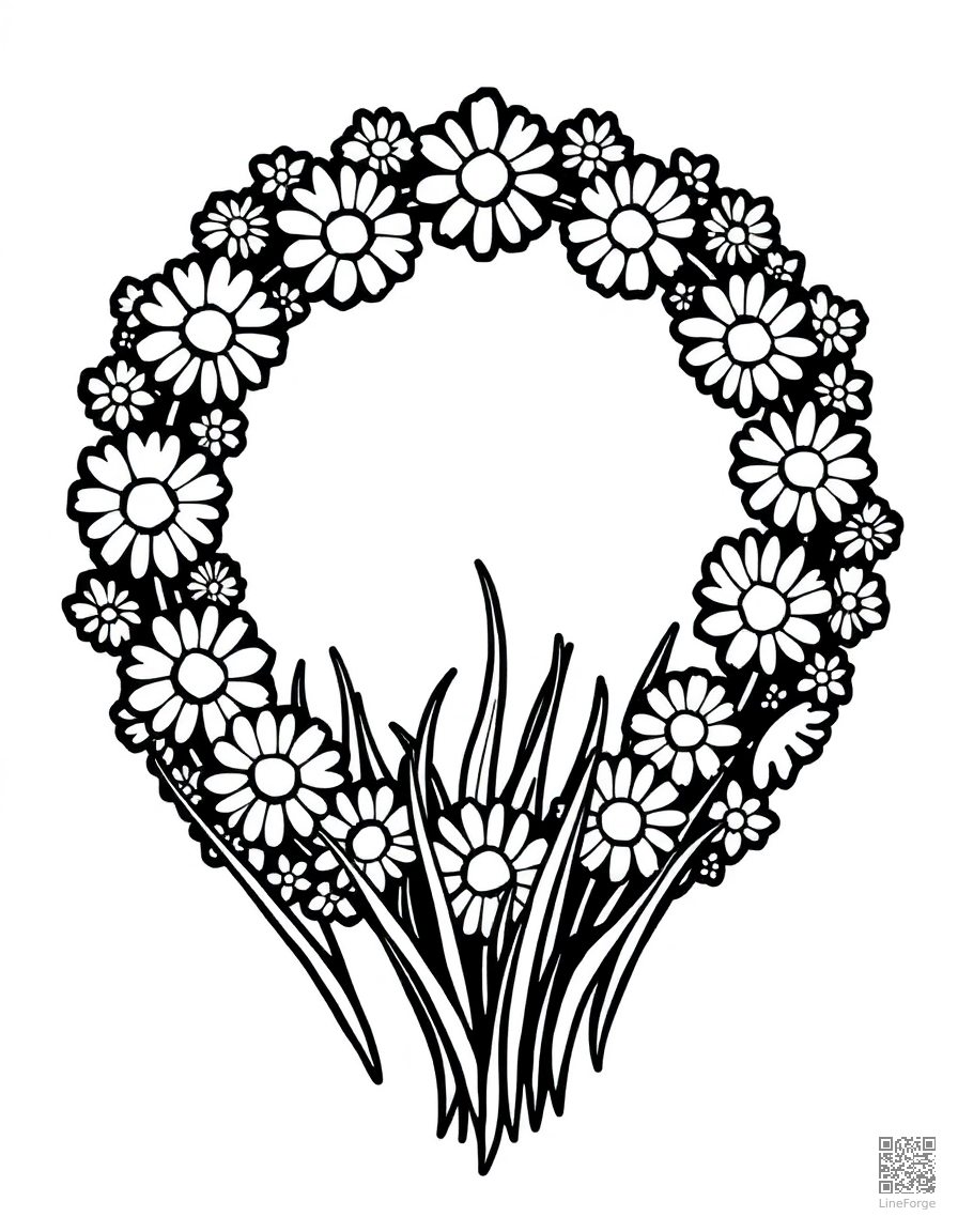 daisy chain wreath on green grass coloring page Woodcut style - free printable