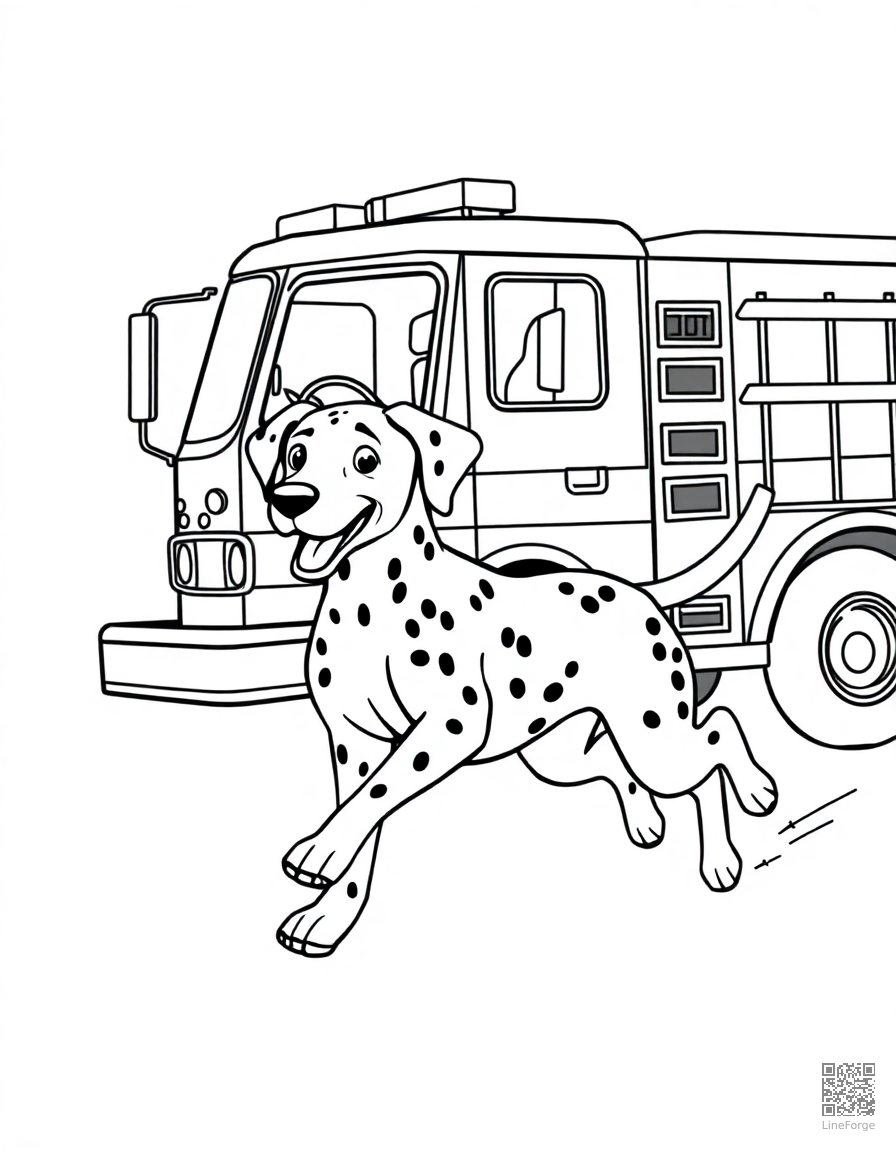 Free dalmatian running alongside a fire truck coloring page in contour style — printable line art