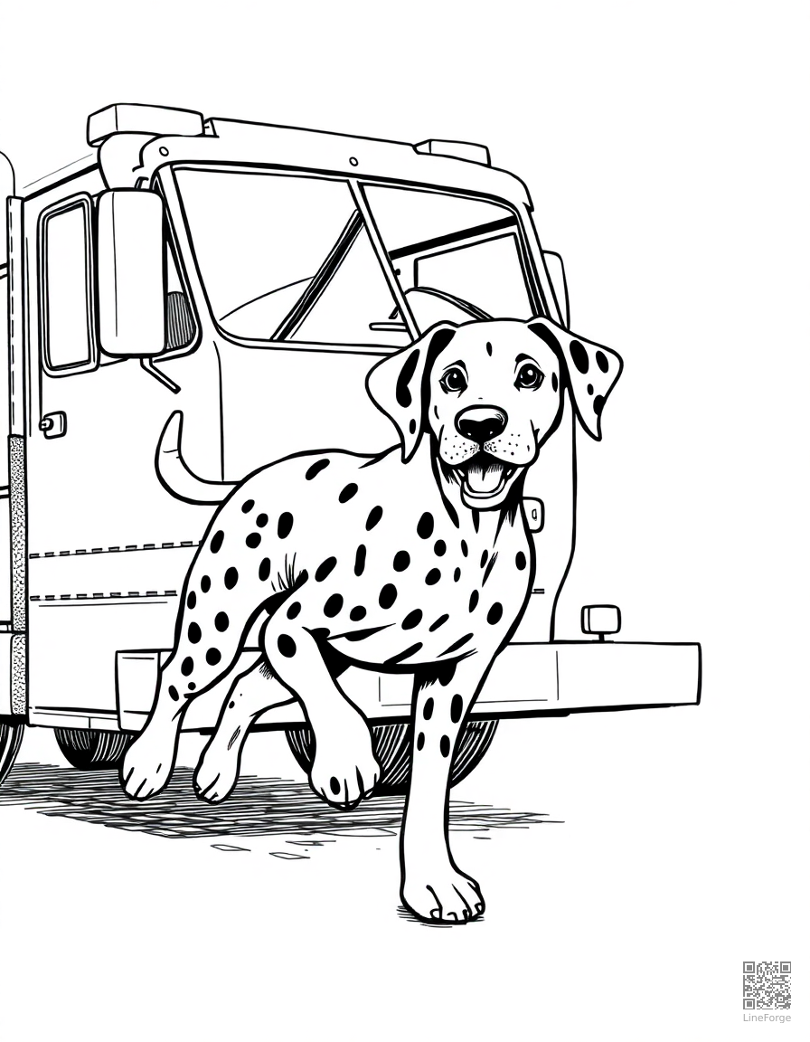 Free dalmatian running alongside a fire truck coloring page in crosshatch style — printable line art